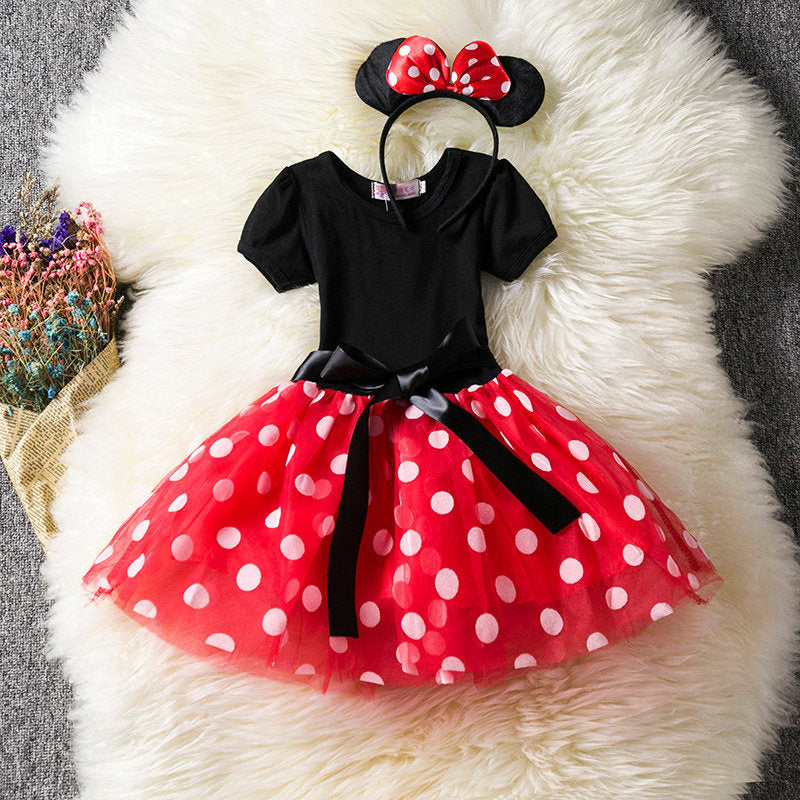 Fancy Princess Polka Dot Dresses with Mouse-Ears Headband