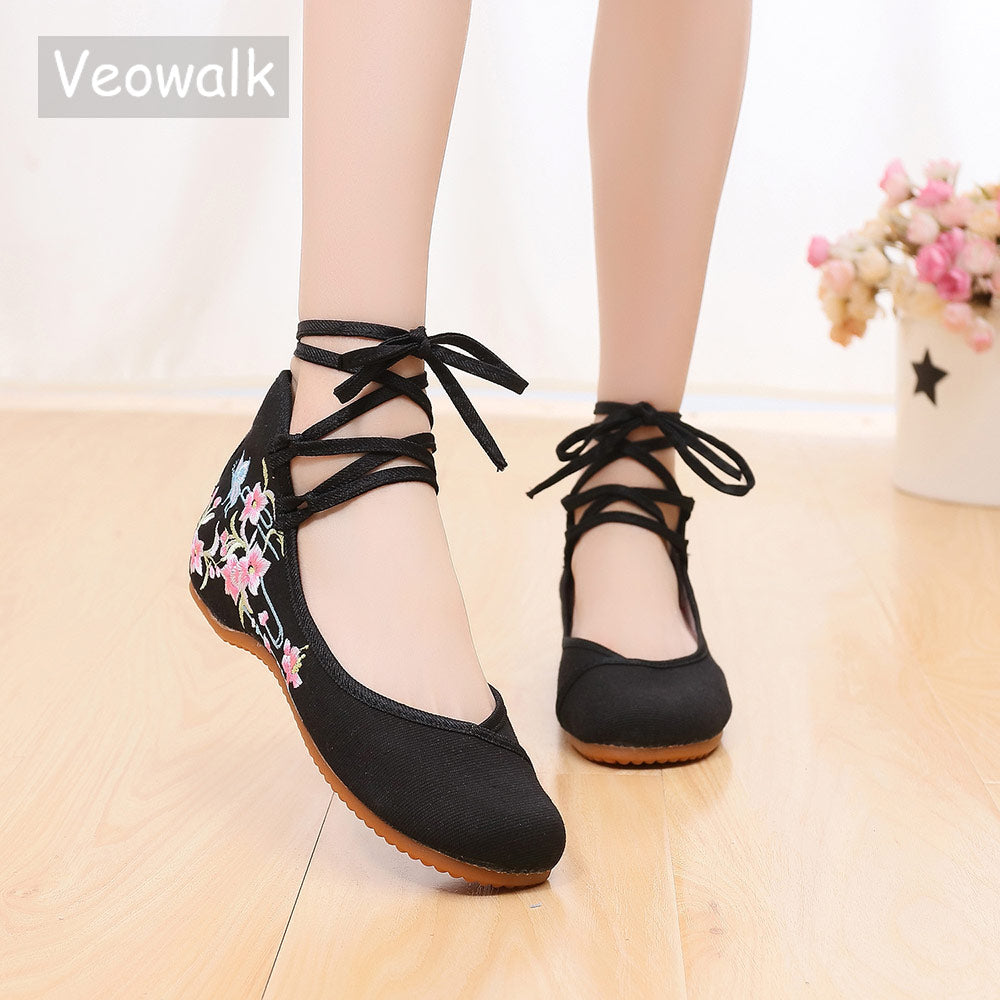 Veowalk Ankle Strap Women Canvas Embroidered Ballet Flats Ladies Comfortable Cotton Dance Ballerinas Vegan Muslem Shoes