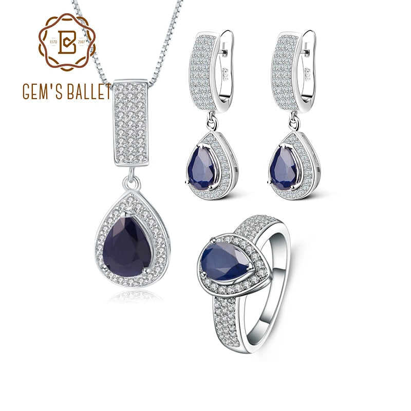 GEM&#39;S BALLET Classic Natural Blue Sapphire Gemstone Jewelry Set 925 Sterling Silver Pendant Earrings Ring Set For Women