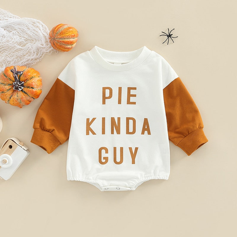 LIORAITIIN Cute "Pie Kinda Guy" Printed Patchwork Long Sleeve Baby Romper