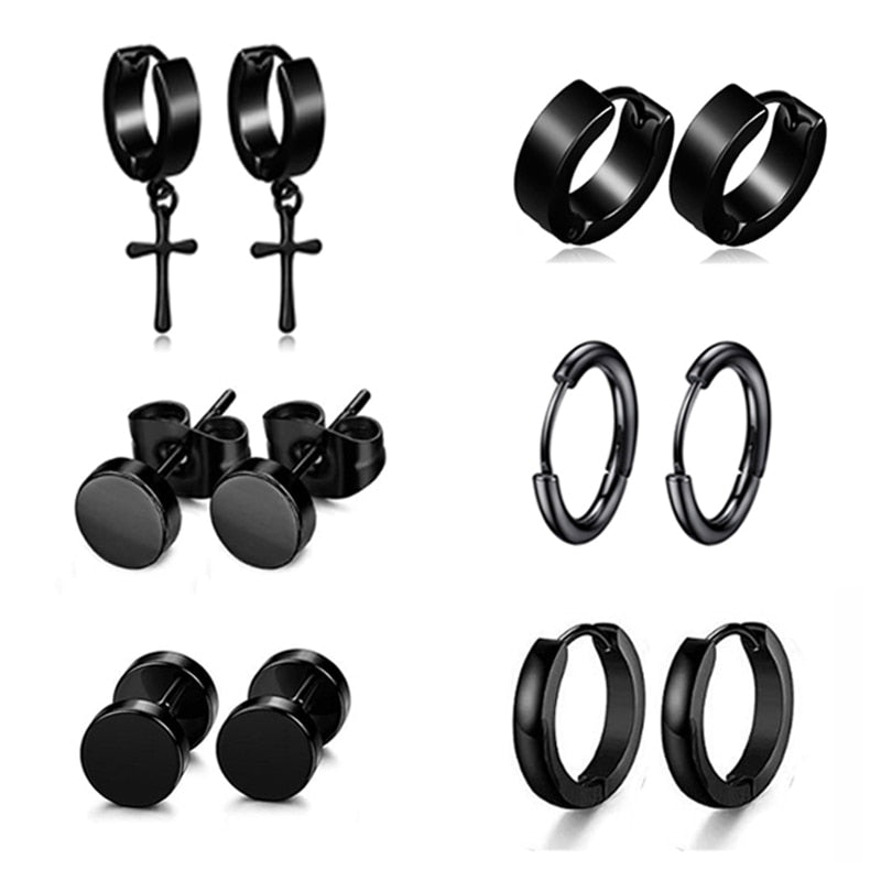 6-Pair Stainless Steel Gothic Black Earrings Set